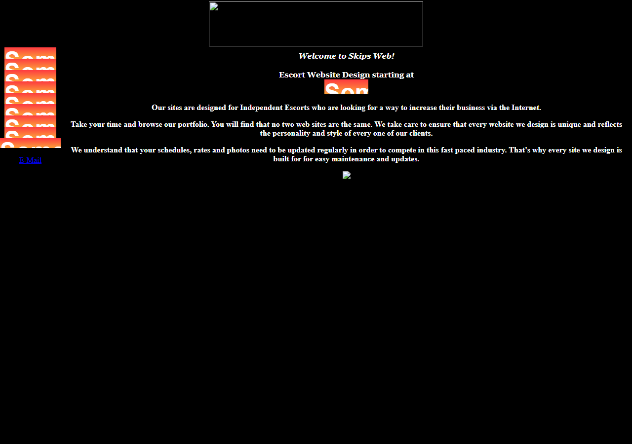 Screenshot of http://www.skipsweb.com/ as archived on 2001-11-27: “No two web sites are the same”. Some original assets no longer load, so the page appears incomplete.