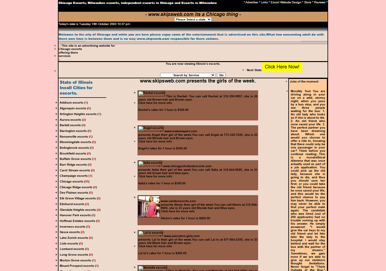 Screenshot of http://www.skipsweb.com/ as archived on 2003-10-15: “It's a Chicago thing”.