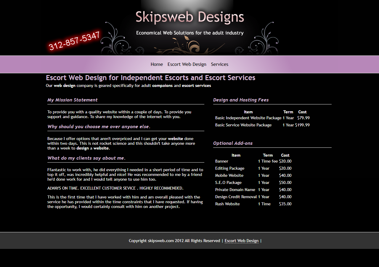 Screenshot of http://skipsweb.com/escort_web_design.php as archived on 2012-09-20: Published rates, in full.