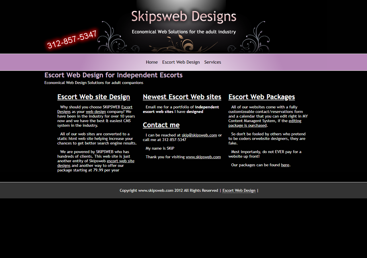 Screenshot of http://www.skipsweb.com/ as archived on 2012-09-20: Skipsweb Designs.